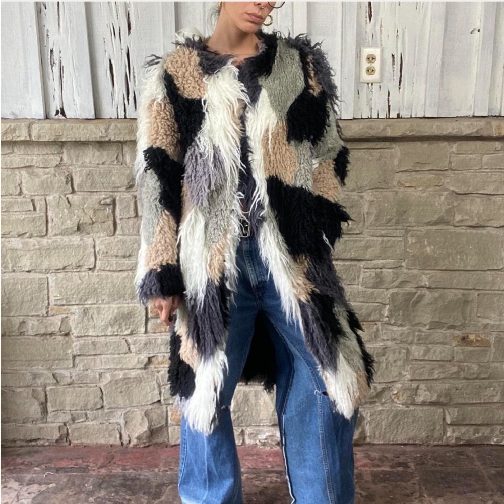 Multicolor patchwork shaggy faux fur coat shearling duster jacket - Picture 4 of 6
